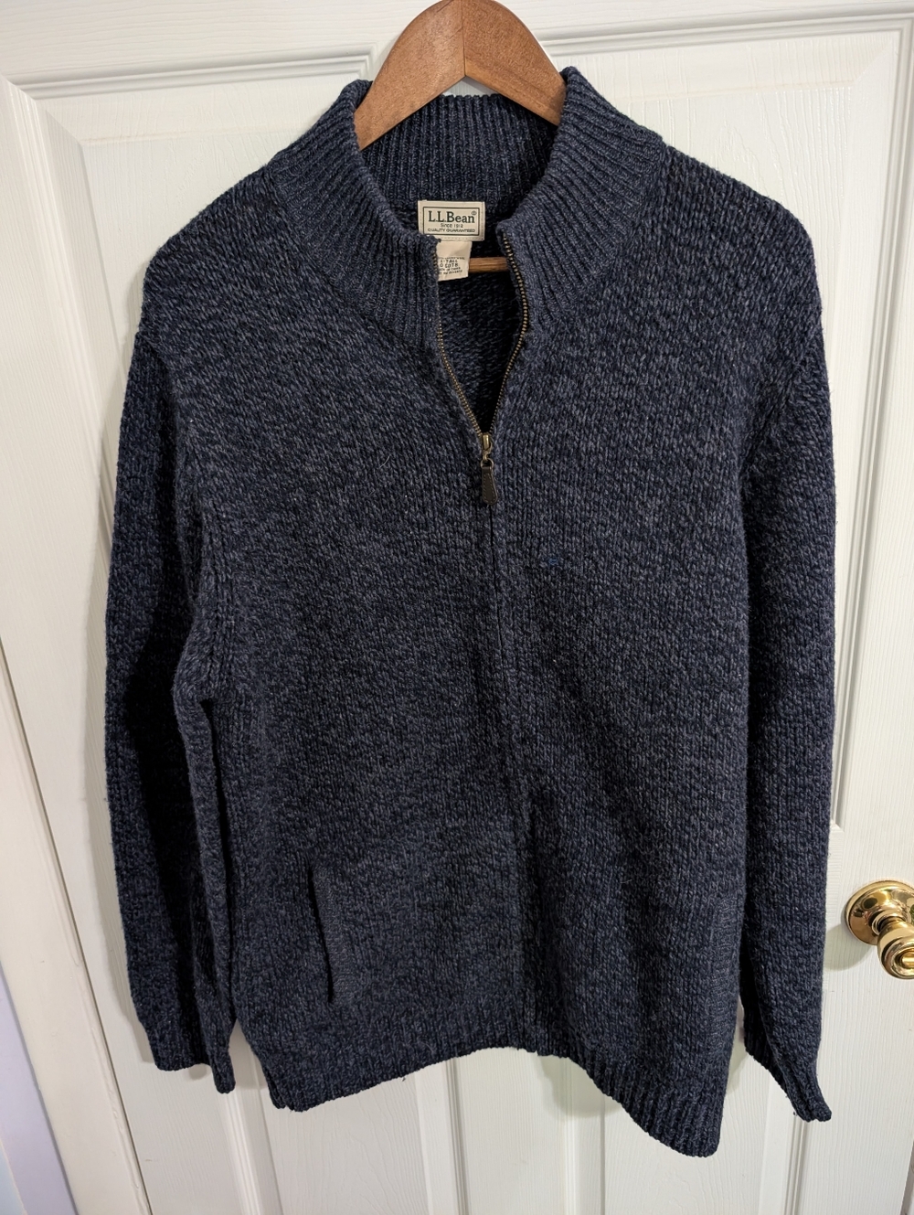 L.L. Bean Mens Sweater Blue Lambs Wool Full Zip Vintage Top Size Large Tall